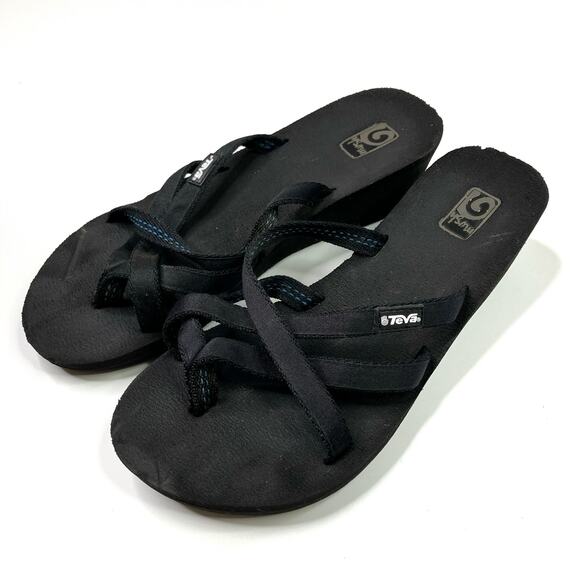 Teva | Olowahu Black Strappy Flip Flop Sandals Wedge Womens 7 - Picture 1 of 7